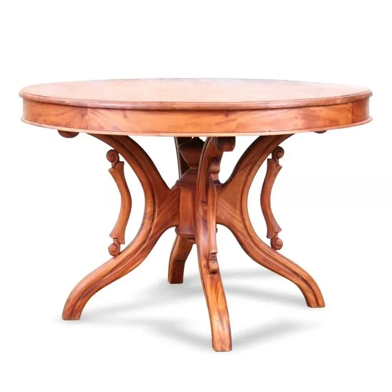 Classic solid teak round dining table traditional design, carved in natural colors, for dining room furniture