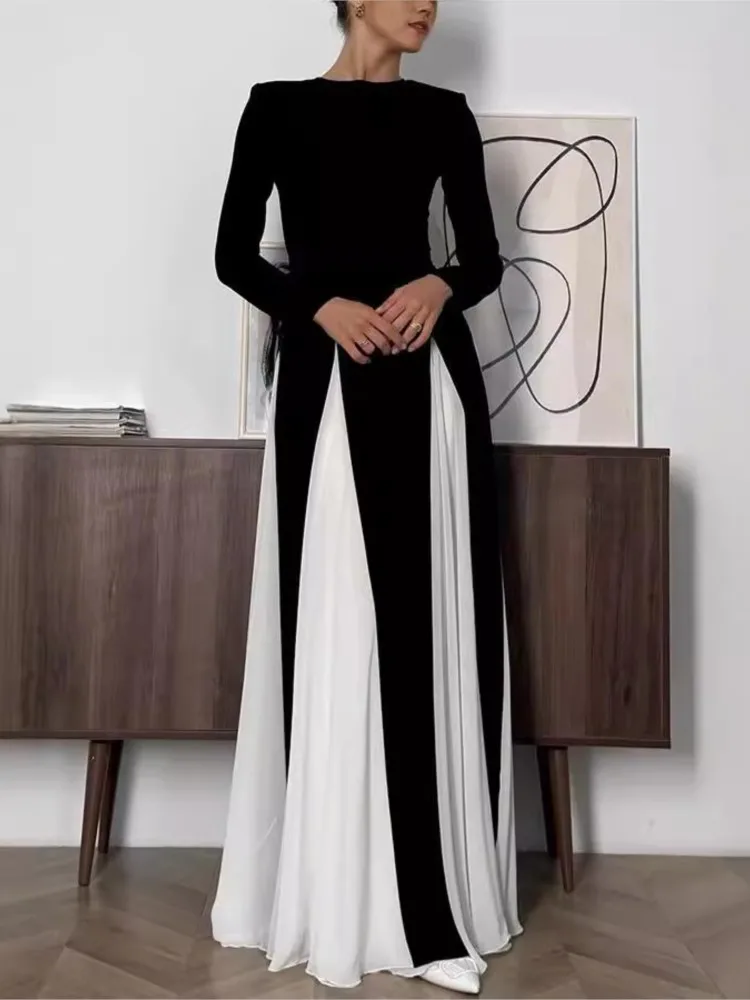 

Women O-Neck Black White Patchwork Vintage Maxi Dress Autumn 2025 Long Sleeve Elegant Party Dress Chic Lady Slim Dress Vestidos