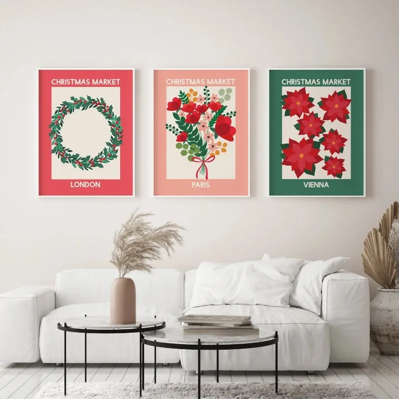 3pcs Retro Christmas Market Wall Art London Paris Vienna Floral Wreath Poinsettia Print Xmas Holiday Home Decor Unframed Canvas