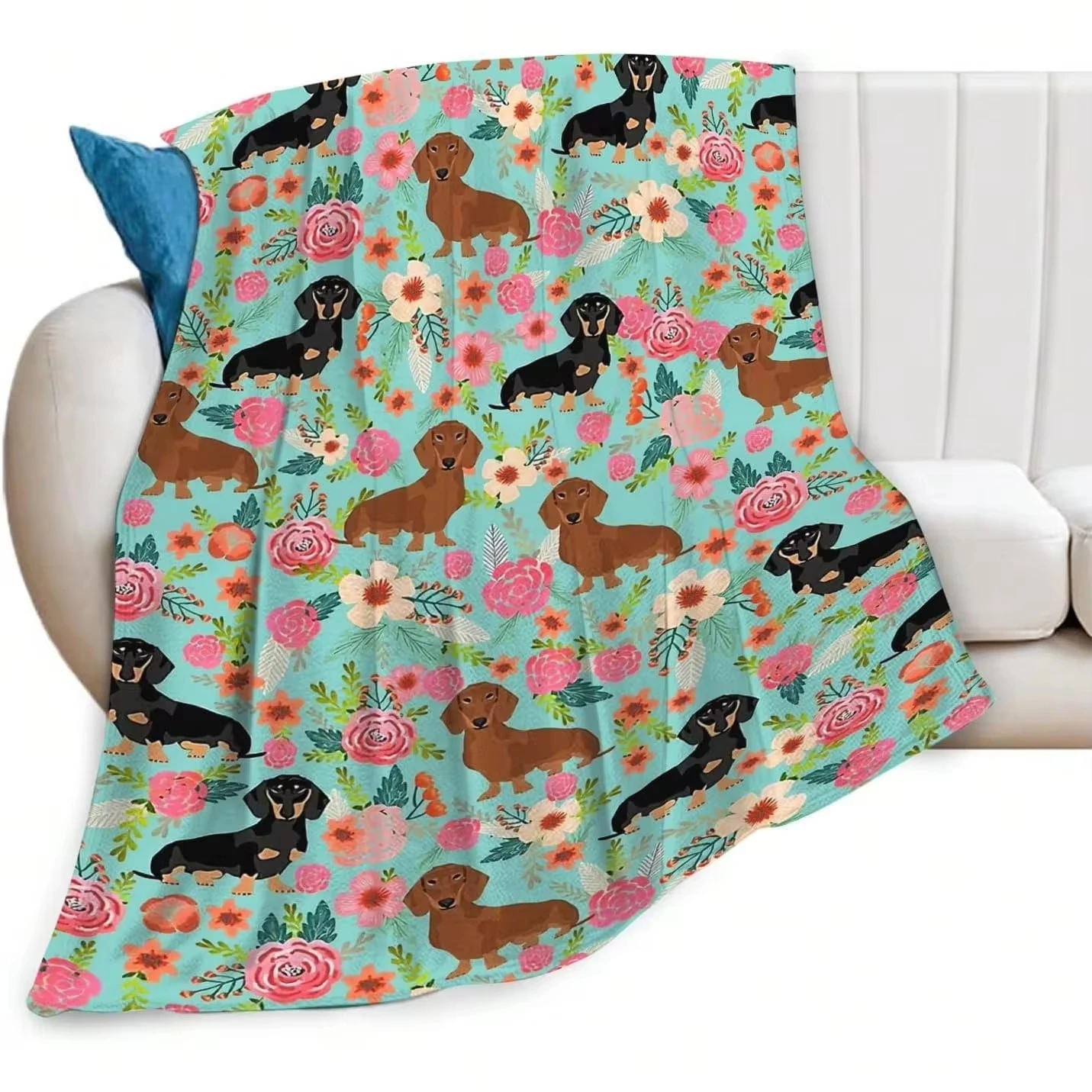 Blanket Throw Dachshund Print, Floral Dachshund Dog Flannel Blanket, Cute Puppy Allover Pattern, Sofa Bedroom Indoor Decor