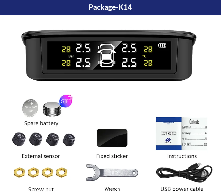 E-ACE K14 Tpms sensor Solar  tire pressure monitoring system Alarm  Tire Pressure Security Alarm  Systems smart car systems