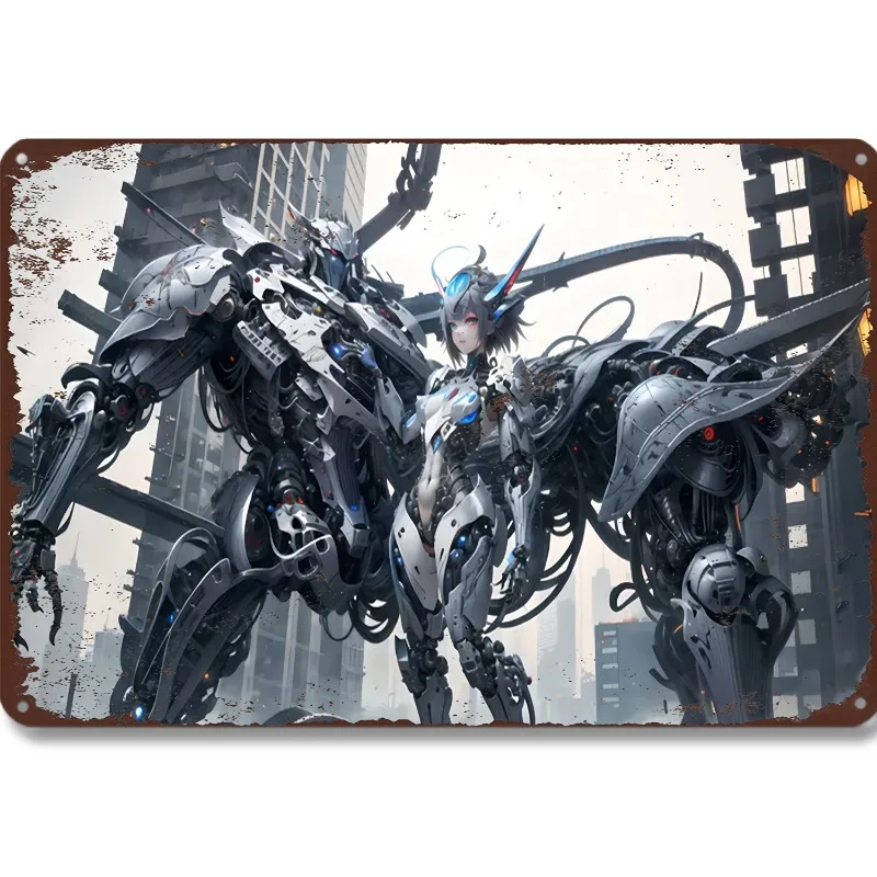 

Mech Warrior & Angel Artwork, Aluminum Metal Tin Sign (7.9x11.8"/11.8x17.7"), Vintage-Inspired Wall Hanging Decor