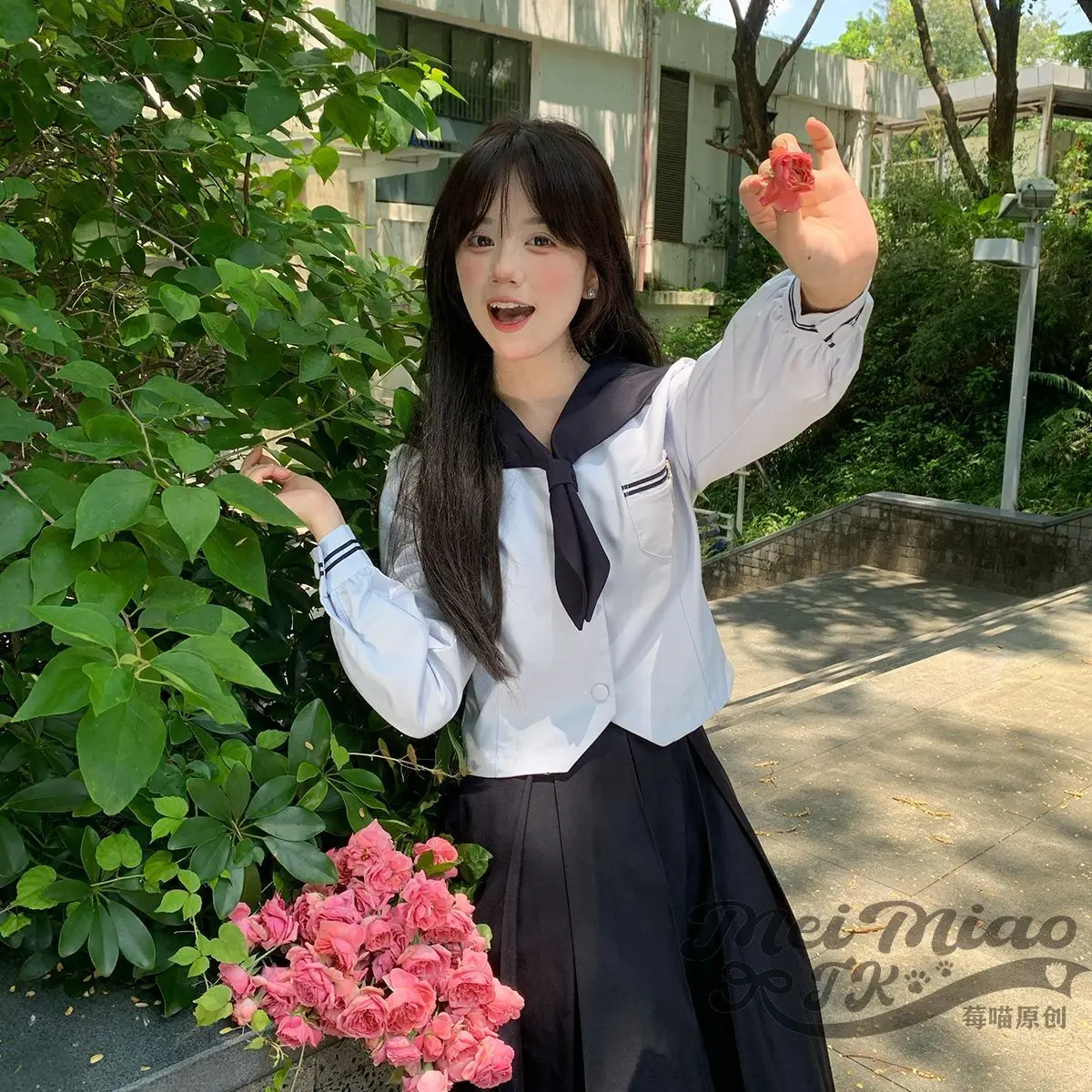 

JK Uniform Japanese Campus Style Long Sleeve Sailor Uniform 55cm Long Skirt Sailor Collar Blue Set Daily Girl Sweet Kawaii