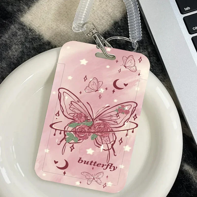 Pink Butterfly Business Card Holder with Retractable Spring Cord Suitable Bus Card Protective Case Student ID Card Holder Ect.