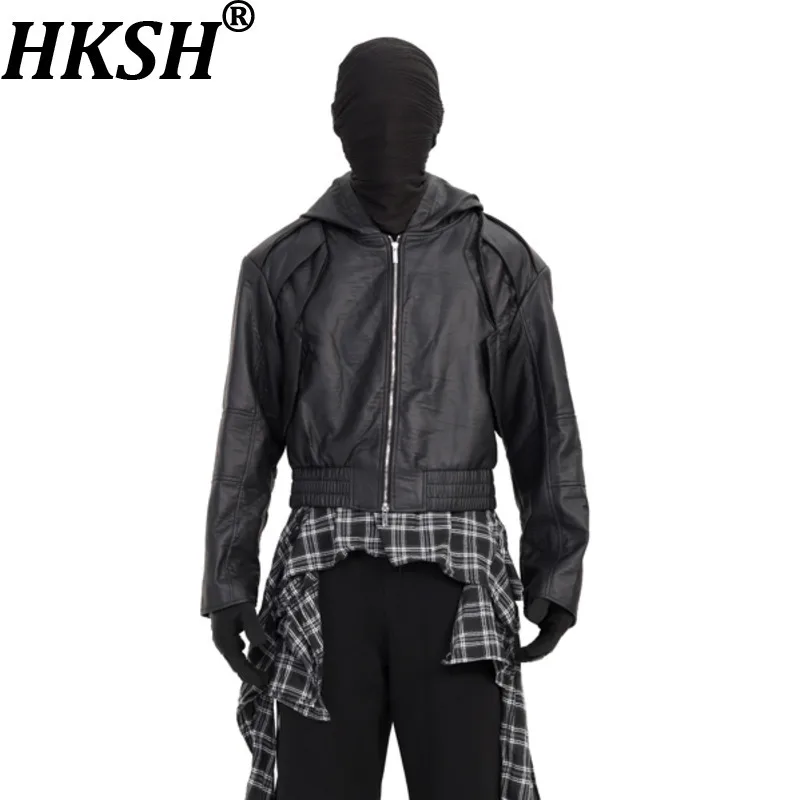 HKSH Autumn Winter New Men Dark Style Deconstructed Patchwork Zipper Hooded PU Leather Jacket Trend Moto-Biker Punk Coat HK14353
