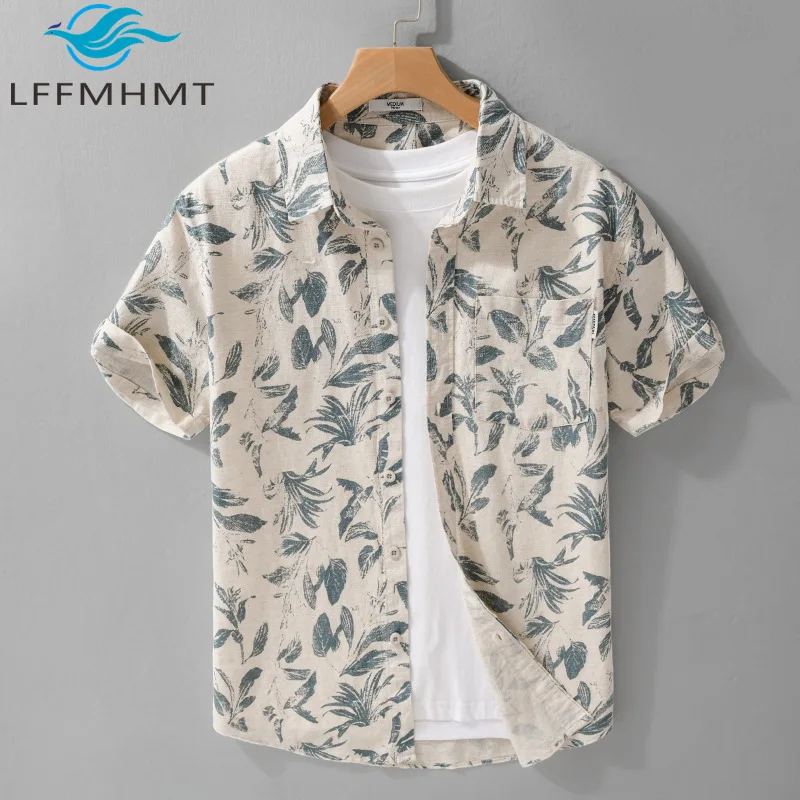 

736 Summer Fashion Men's Vintage Print Short Sleeve Linen Shirt Creative Good Quality Breathable Lapel Blouse Beach Holiday Tops