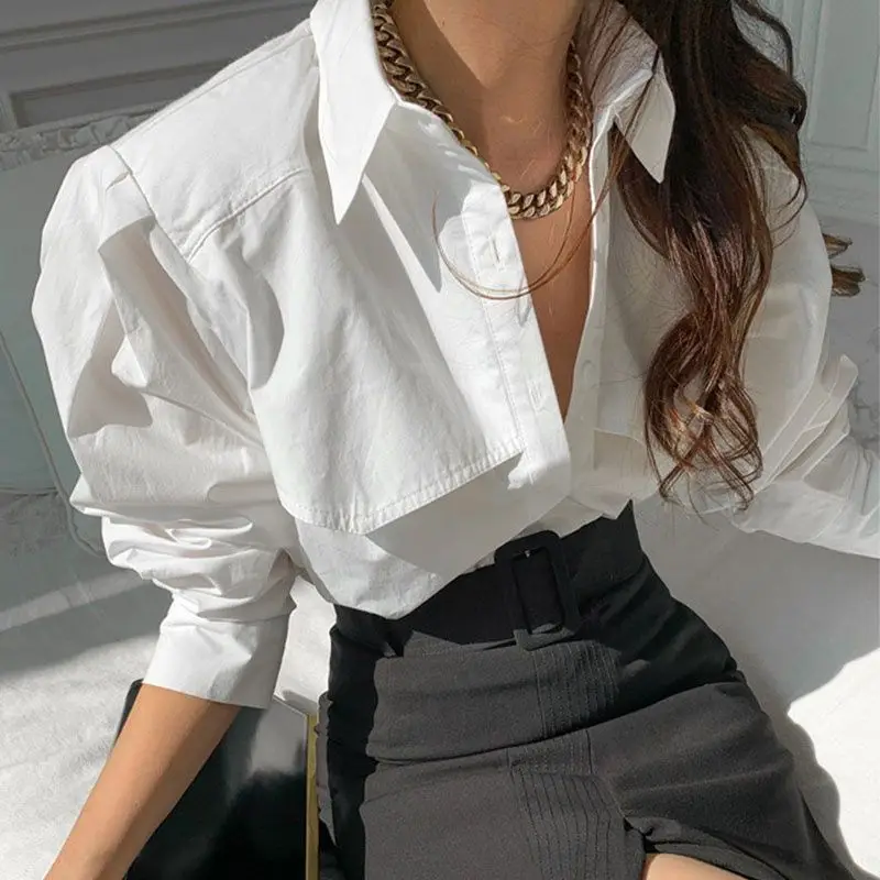 Elegant White Chiffon Blouses Women Cotton Chic Puff Sleeve Old Money Style Long  Shirts Casual Loose Office Wear 2024 Top