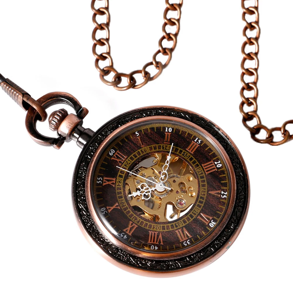 Rose Gold Mechanical Pocket Watch Pendant Pocket Clock Retro Style Hand-Winding Mechanical Pocket Timepiece Roman Numerals Dial