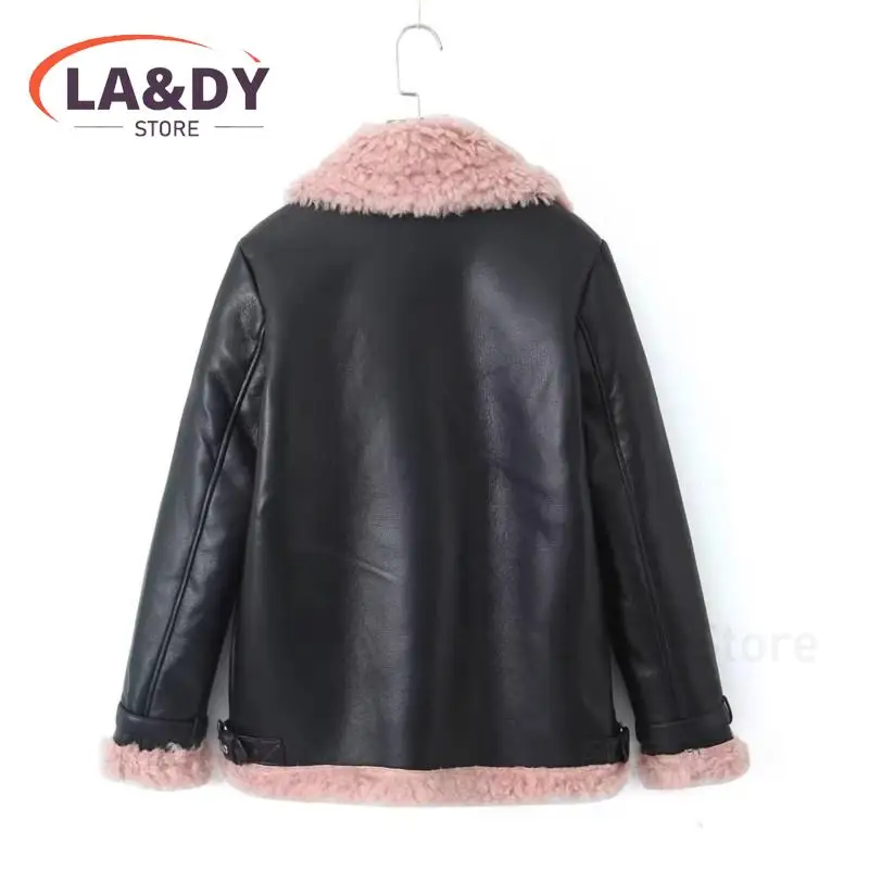 Faux Leather Jacket Women New Autumn Winter Fashion Warm Lambwool Zip Pockets Coat Casual Motorcycle Outwear Female