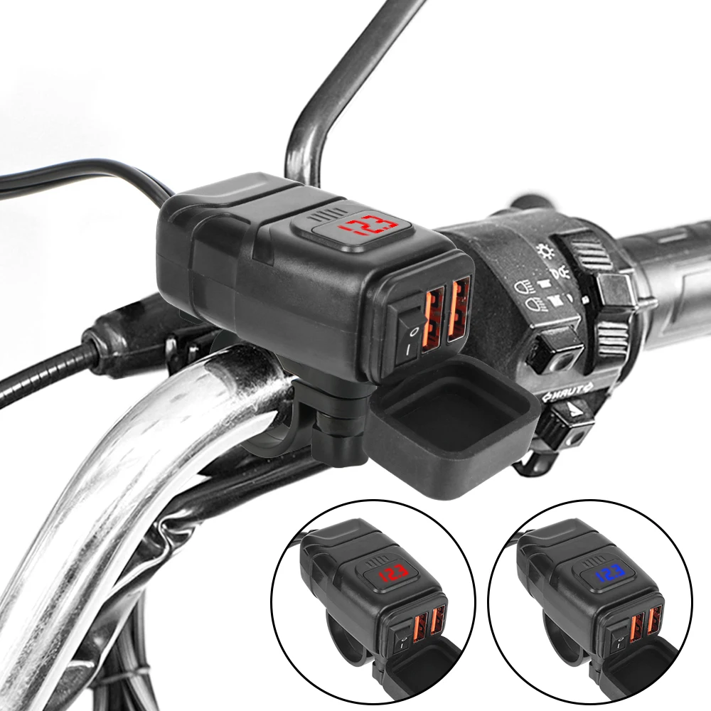 QC3.0 Dual USB Motorcycle Charger Waterproof Quick Charger Vehicle-mounted Switch 12V Power Supply Adapter Moto Accessories