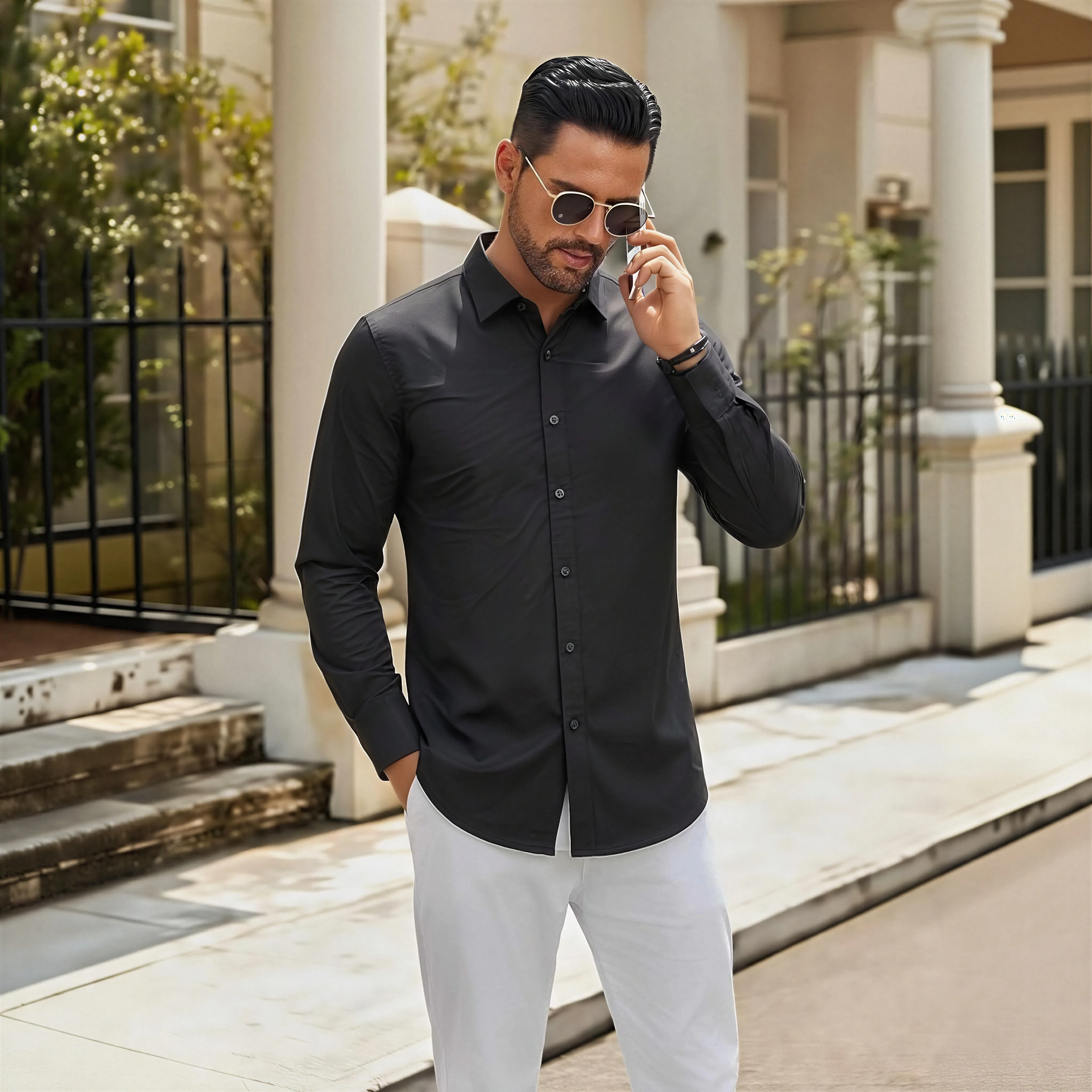 Men's long-sleeved shirt - solid color, simple design, versatile, fashionable, street style, comfortable, no ironing required