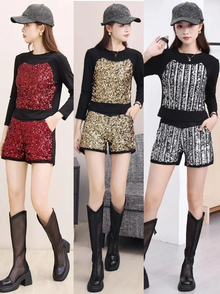 

Блестящий комплект, женская сценическая одежда, осень 2023, новые модные блестящие шорты с длинными рукавами и эластичной резинкой на талии, комплект из двух предметов