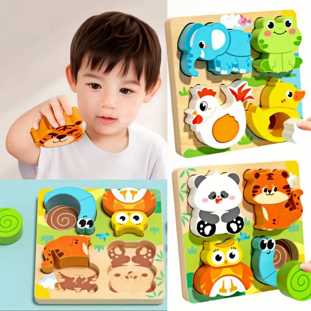 

4-in-1 Wood Puzzle 3D Safe Animals Cognitive Jigsaw Puzzle Cartoon Portable Early Learning Puzzle Set Children Educational Toys