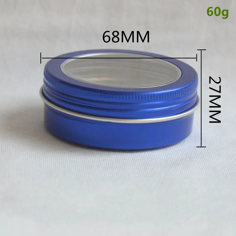 200pcs 2 oz Blue Aluminum Tin Jar 60 ml Refillable Containers Bottle Clear Top Screw Lid Round Tins Cosmetic Container