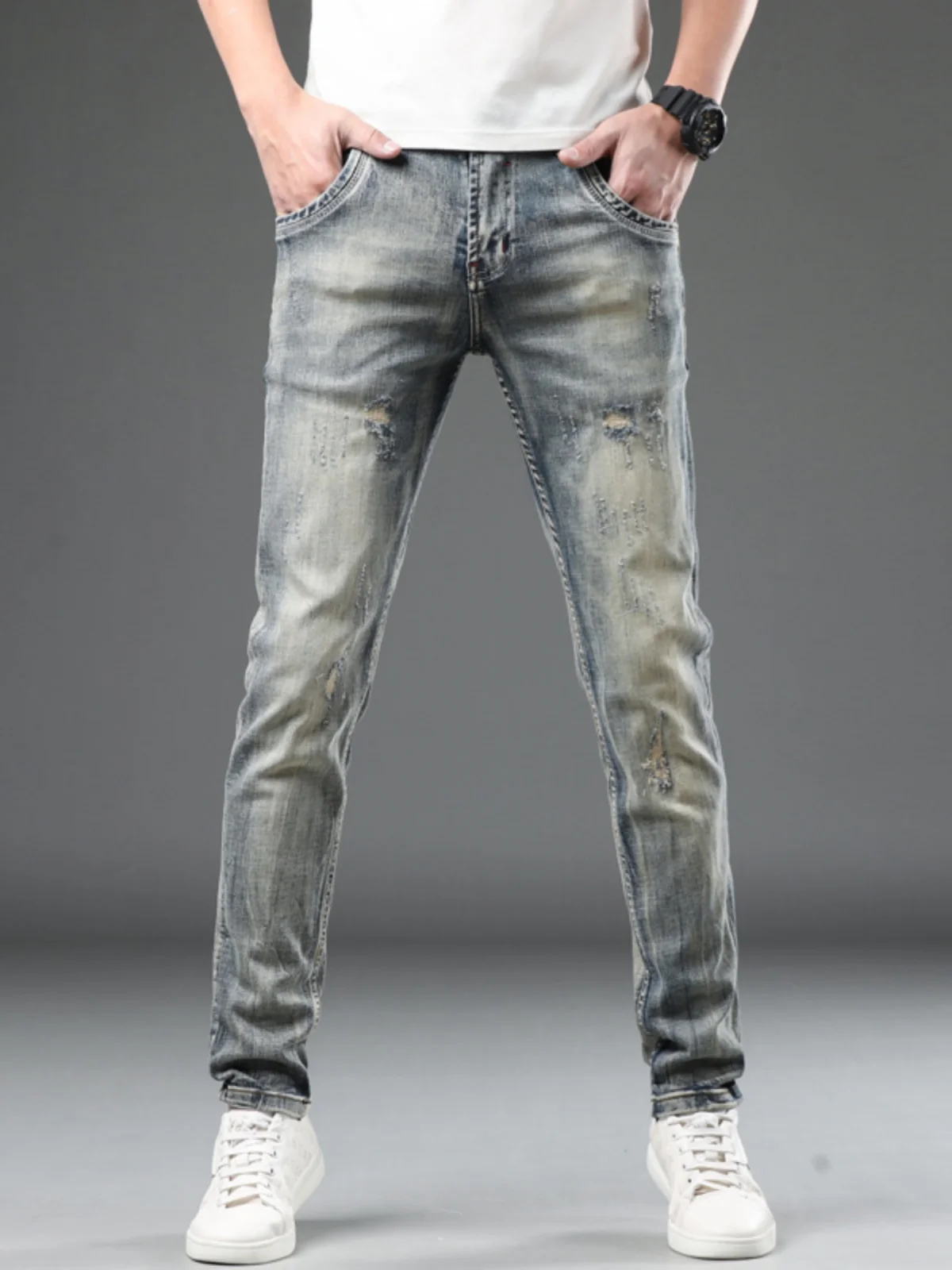 

Мужские повседневные джинсы из Гонконга: винтажные, цветные, прямого кроя, в корейском стиле, универсальные, модные, длинные, из эластичного хлопкового денима