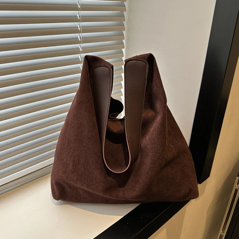 Vintage Damentasche, große Kapazität, Wildleder-Umhängetasche, einfarbig, schlichtes Design, lässige Pendler-Shopper-Tasche – Detail 21