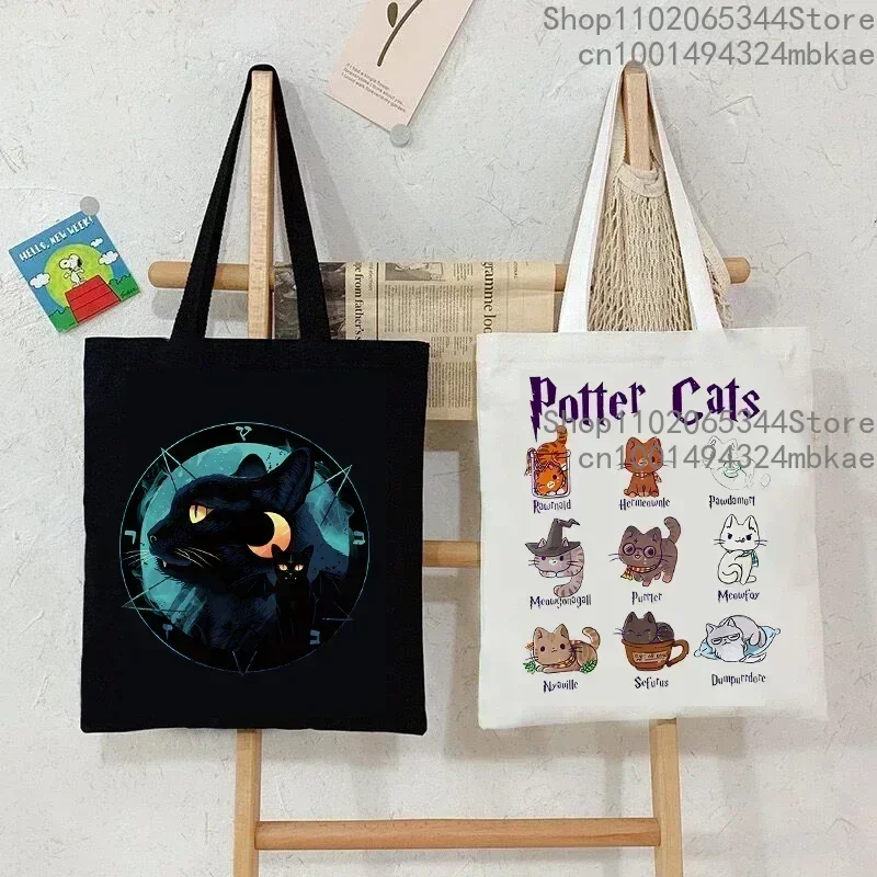 Bolso de mano de lona para mujer, bolso de gato de Potter, bolsos de compras de animales Harajuku, bolso de mano estético de gato de dibujos