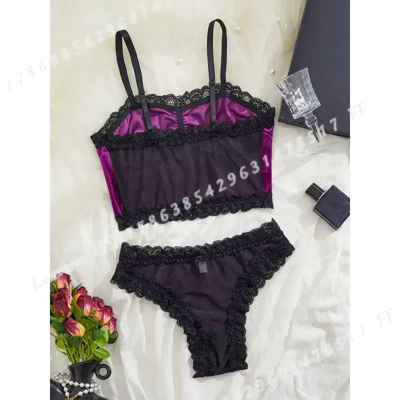 2PCS Women Velvet Crop Tops Y2K Mall Goth Aesthetic Purple Backless Sexy Strap Tank Tops Alternative Underwear Bra Set