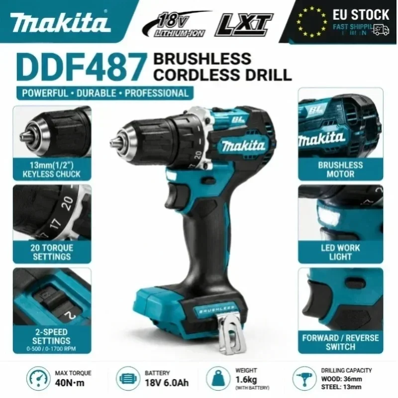 Original Makita 18V Akku-Bohrschrauber DDF487 Bürstenloser Hochdrehmoment-Bohrschrauber + 6,0Ah BL1860B BL1840 Lithium-Akku Professionelles Elektrowerkzeug-Set EU-Lagerbestand