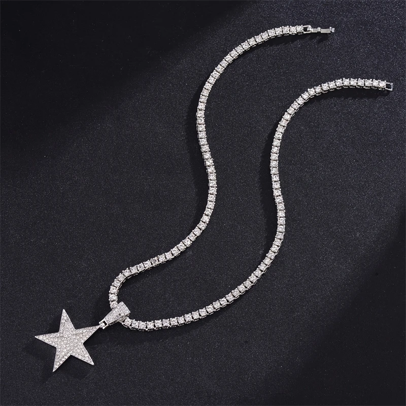 Hip Hop Pentagram Inlaid Zirconia Pendant Necklace for Men Women Universal Fashion Trend Versatile Sparkling Party Jewelry Gift