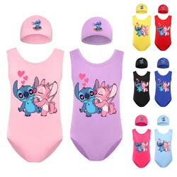 Kids Girls Swimwear Swimsuit Cartoon Lilo & Stitch Baby Swimming Cap Set Children Movement Outfit Learn To Swim Tops 3-14year