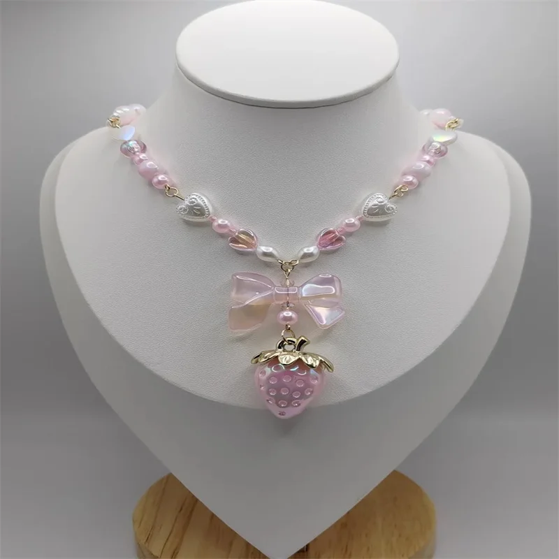 Coquette cottagecore strawberry bow necklace pearl fairycore heart pink white