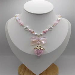 Coquette cottagecore strawberry bow necklace pearl fairycore heart pink white
