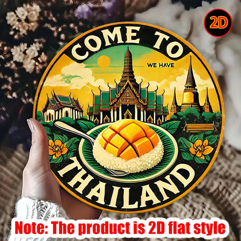 Thai Style Round Metal Wall Decor - Vintage Wrought Iron Thai Landmarks & Mango Design with Wat Phra Kaew & Thai Lettering - Vib