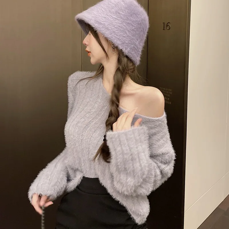 Winter Women Pullovers Loose Fit Knitted Sweater Base Layer Shirt Long Sleeves V Neck Solid Color Warm Tops Lady Casual Jumpers