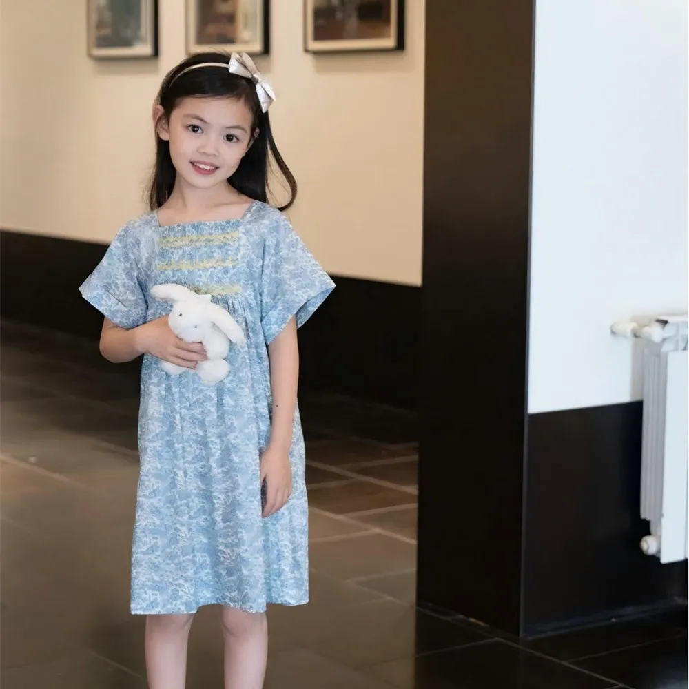 

summer dresses princess dress girls French style Sea salt blue floral dress hand embroidery dress baby girls clothes