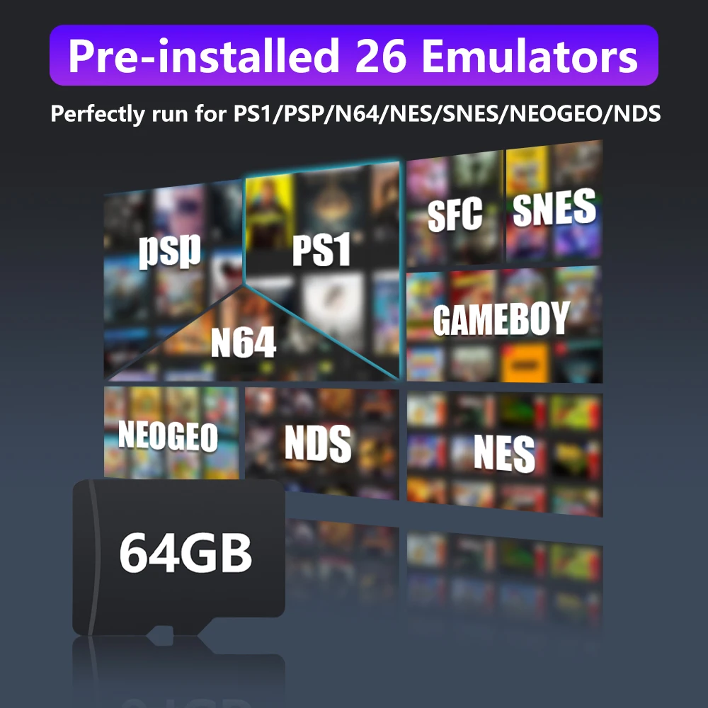 R36S 게임 콘솔용 64GB 게임 카드 (18490개 이상의 게임 및 PS1/PSP/N64/NES/SNES/NEOGEO/NDS 에뮬레이터, Emuelec 4.7, 플러그 앤 플레이 지원)