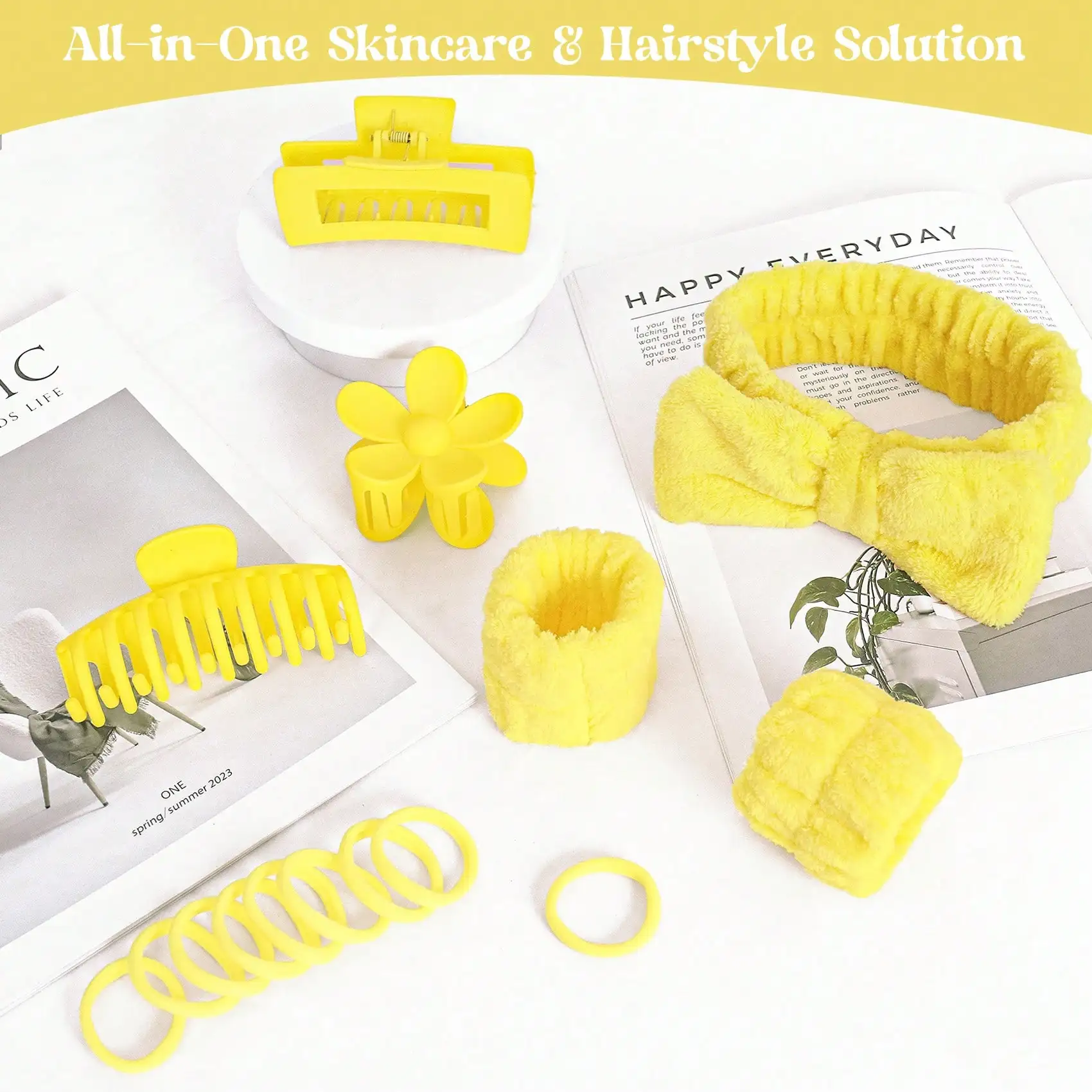 

16pcs Yellow Makeup Hair Accessories Set Headband Wristbands Claw Clips Hair Ties For Skincare Spa