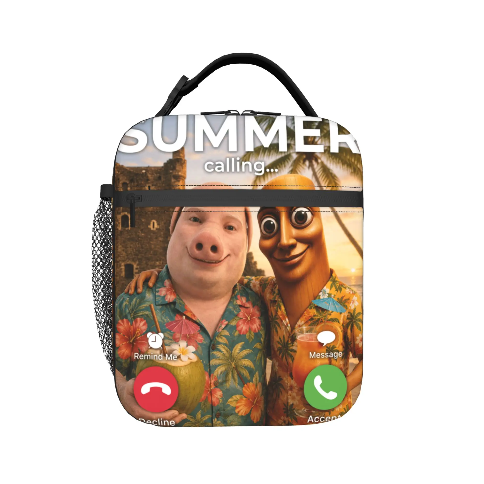 Tropical Beach Summer Meme Joke Tung Sahur John Pork Lunch Bag For Unisex  Lunch Box Retro Travel Cooler Bag Oxford Lunch Bags