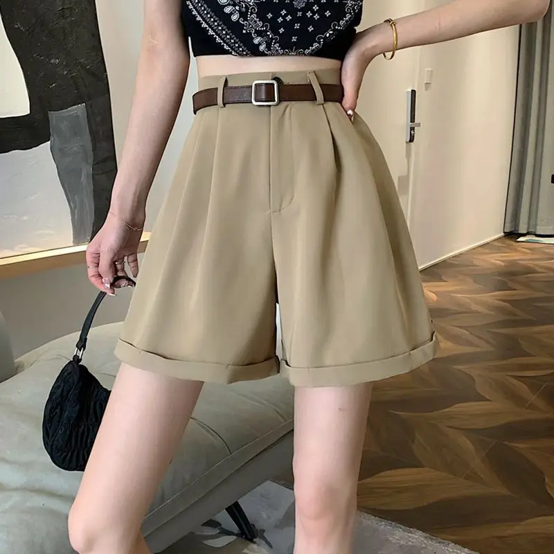 Casual pak shorts voor dames Koreaanse stijl zomer afslanken hoge taille wijde pijpen broek trendy kleding kort zwart kaki