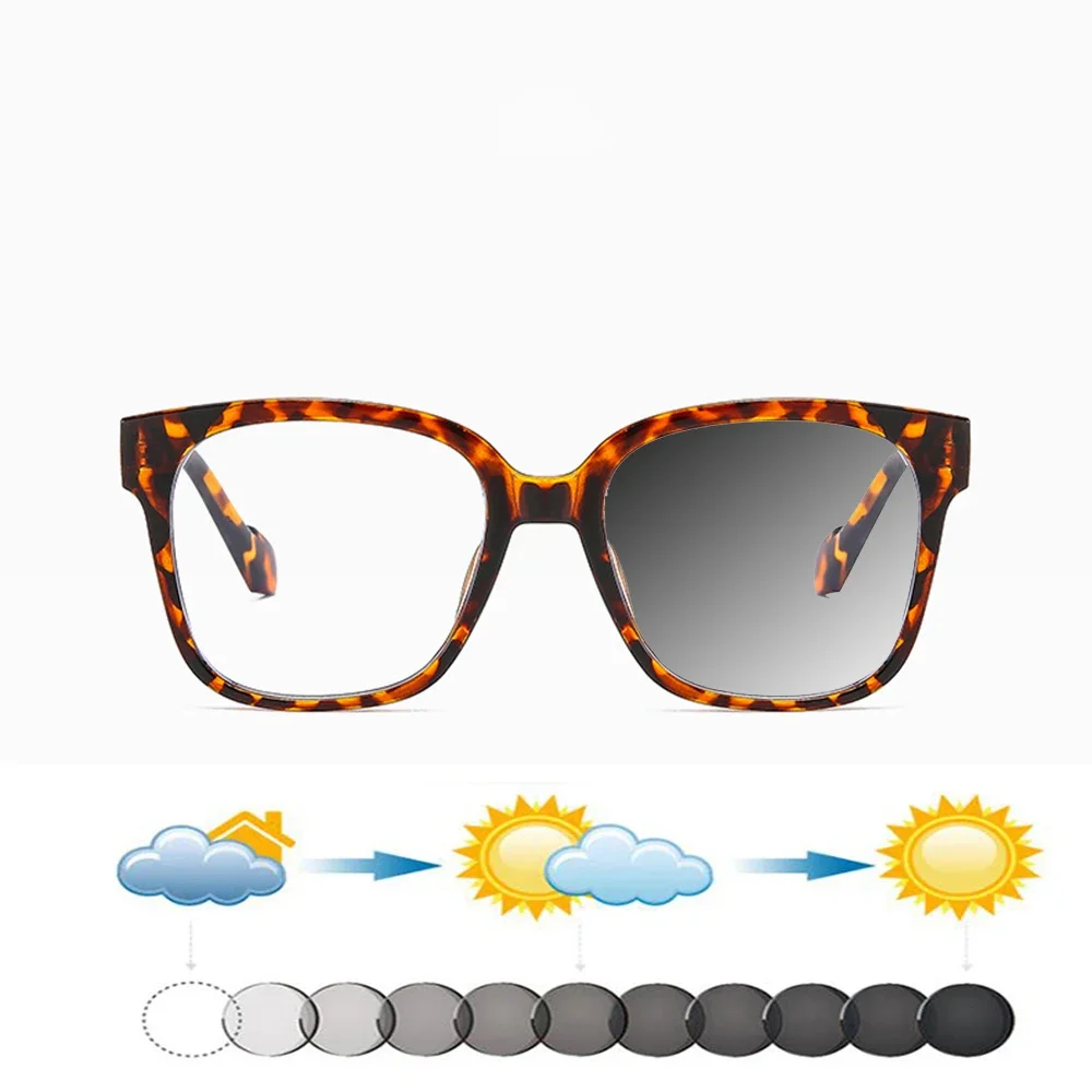 

Metal Trim Temples Leopard print Oversized Full-rim Square Comfortable Photochromic Reading Glasses +0.75 To +4