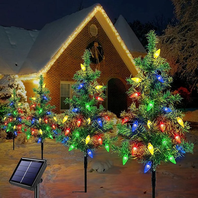 4-Pack Solar Small Christmas Tree Lights Lantern Mini Xmas Tree With Lights For Outside Pathway Porch Yard Decorations Durable