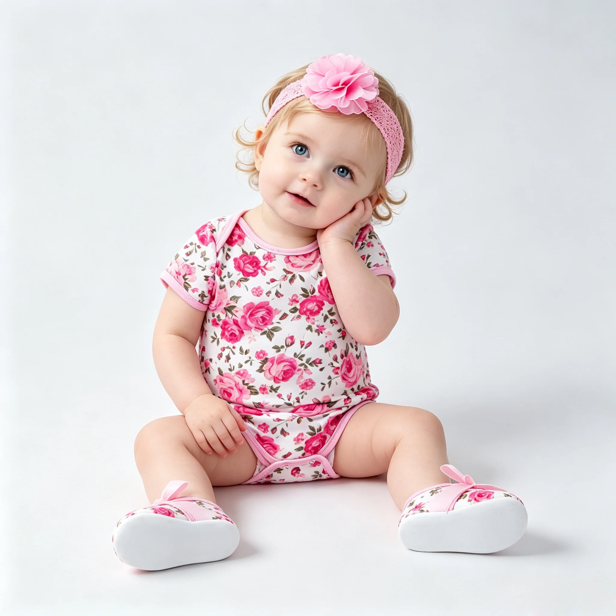 Cute Baby Girls Floral Romper Set Short Sleeve Rose leopard  Print Bodysuit with Flower Headband & Shoes Newborn Infant Outfit