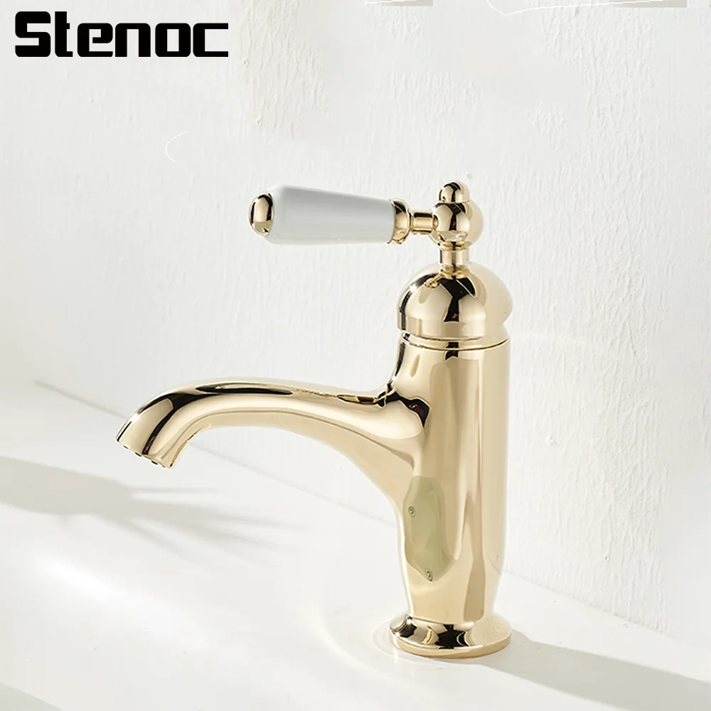 

Luxury Gold Single Handle single hole Wash Basin Faucet Wash Basin Ceramic Handle Deck Mounted French Basin Cold and Hot Faucet