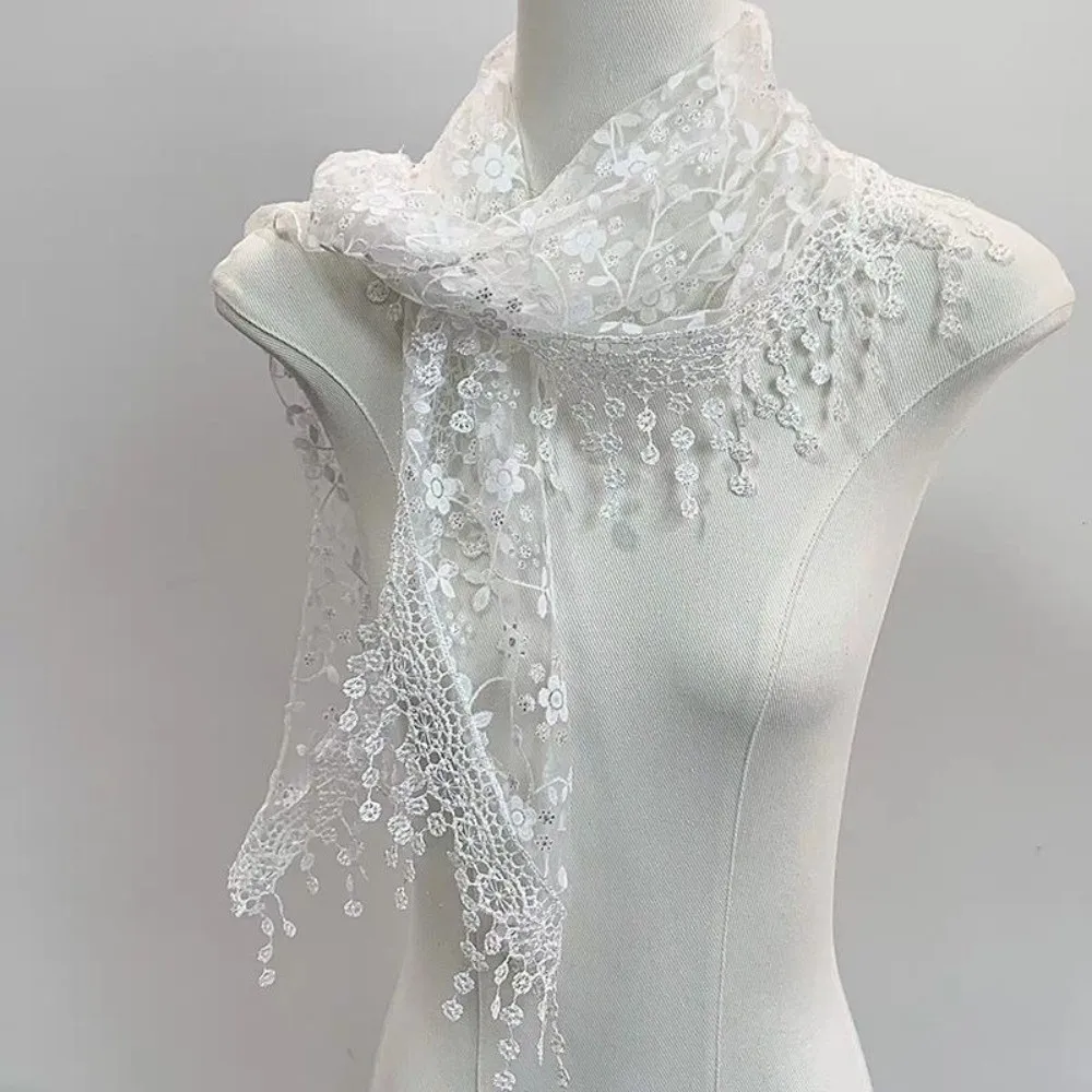 

French Solid Color Tassel Shawls Embroidered Lace Triangle Scarf Bohemian Hollow-out Lace Scarf Street Dance