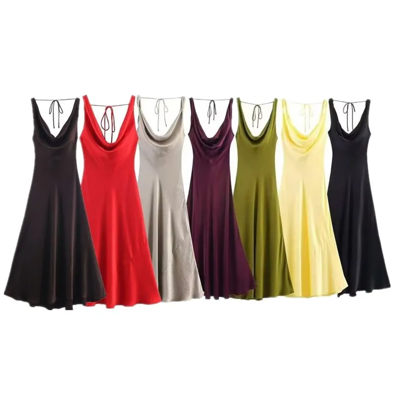 Vestido Longo de Seda Satinada para Mulheres Verão 2025, Versátil, Cintura Alta, Estilo Casual, Sem Mangas, Decote em V 2590934