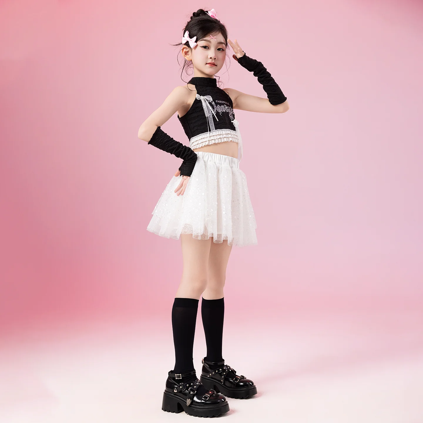 2025 sommer Jazz Dance Kleidung Mädchen Schwarz Tops Pailletten Weiß Rock Cheerleader Tanz Kostüm Kpop Straße Tragen Bühne Outfit BL16073