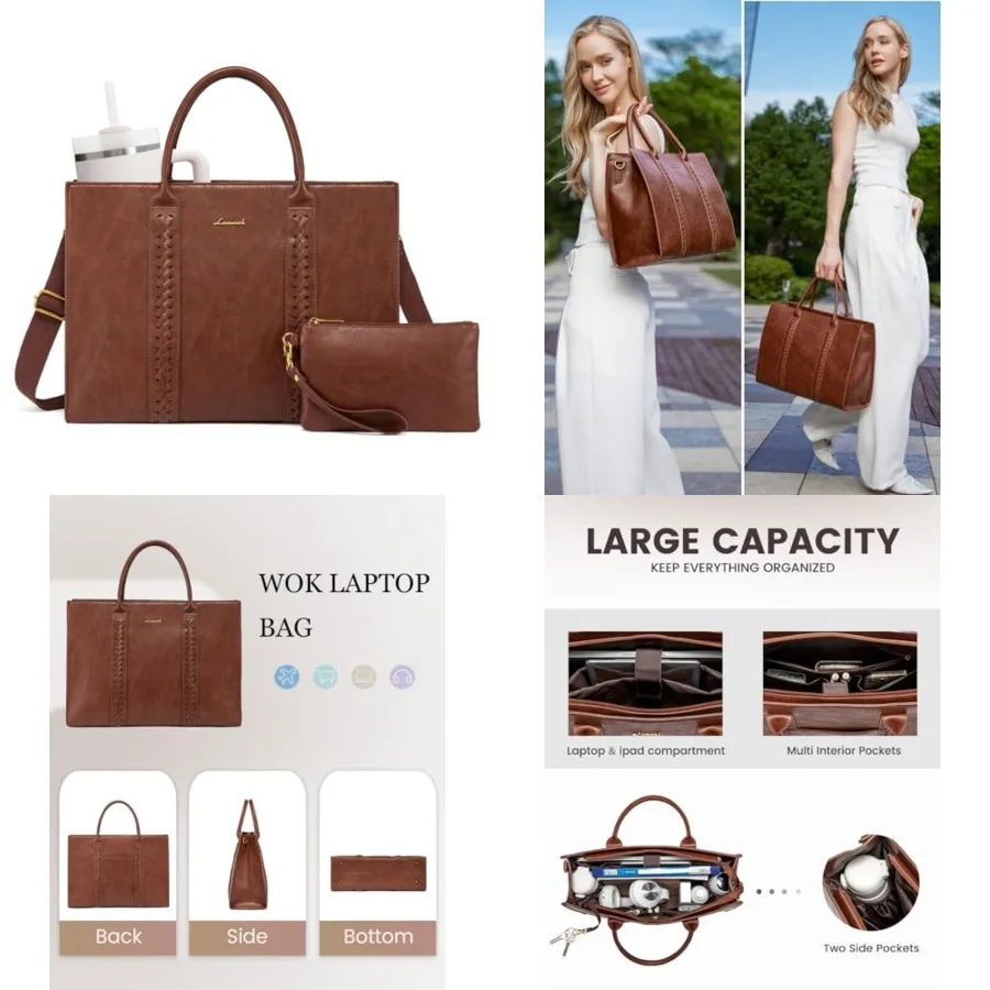 Laptop Tote Bag for Women, Vintage Leather Work Bags Laptop Bag, Waterproof Professional Computer Bag Busess Office Briefcase L