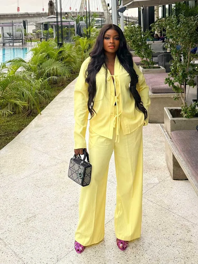 Yellow Sets Woman Fall Long Sleeve 2 Piece Pants Sets Woman Outfits Cute Casual Pants and Blouse Set Wholesale Dropshipping