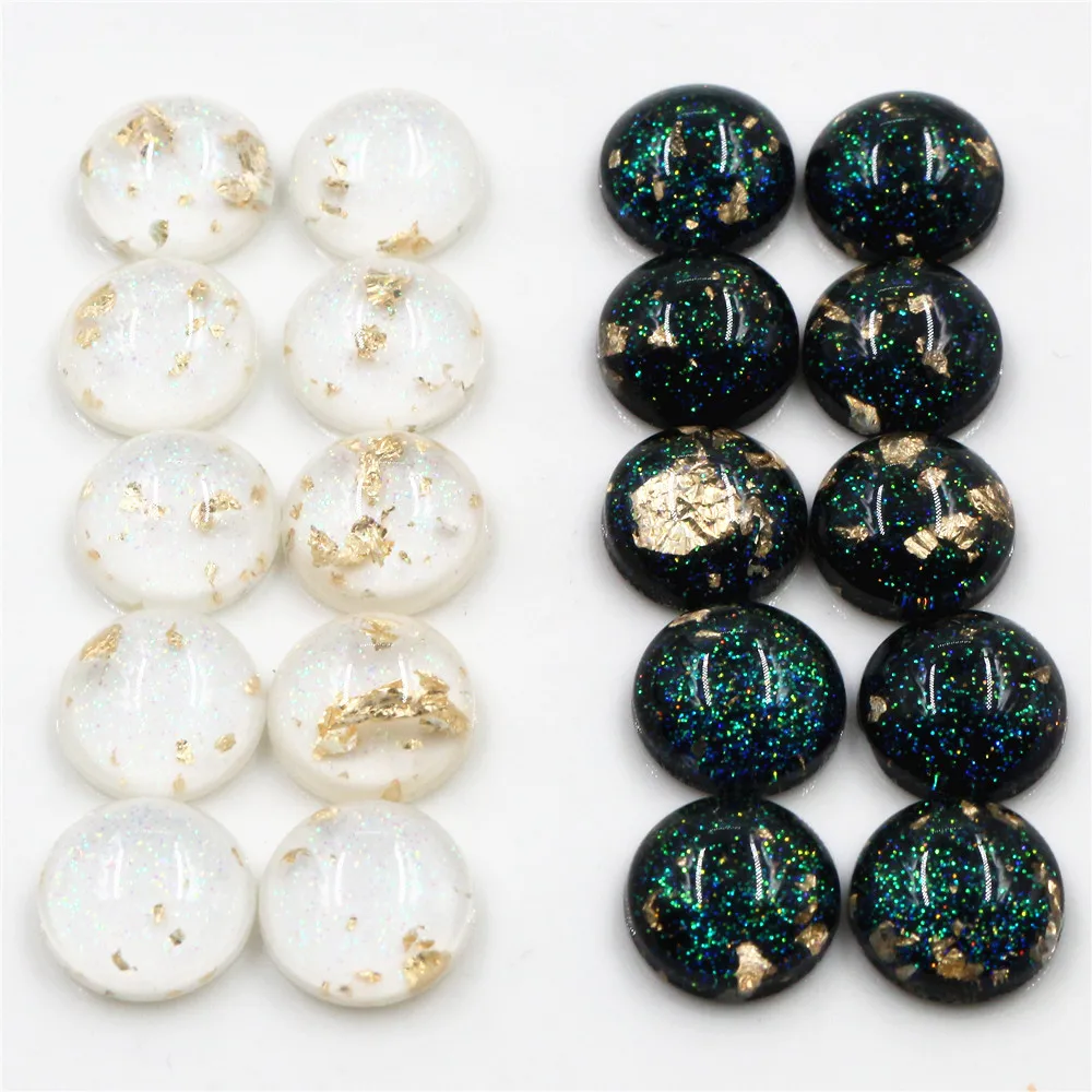 New Style 40pcs 12mm 10mm 8mm Black White Built-in Gold Color leaf Style Flat back Resin Cabochons Fit 8-12 mm Cameo Cabochons