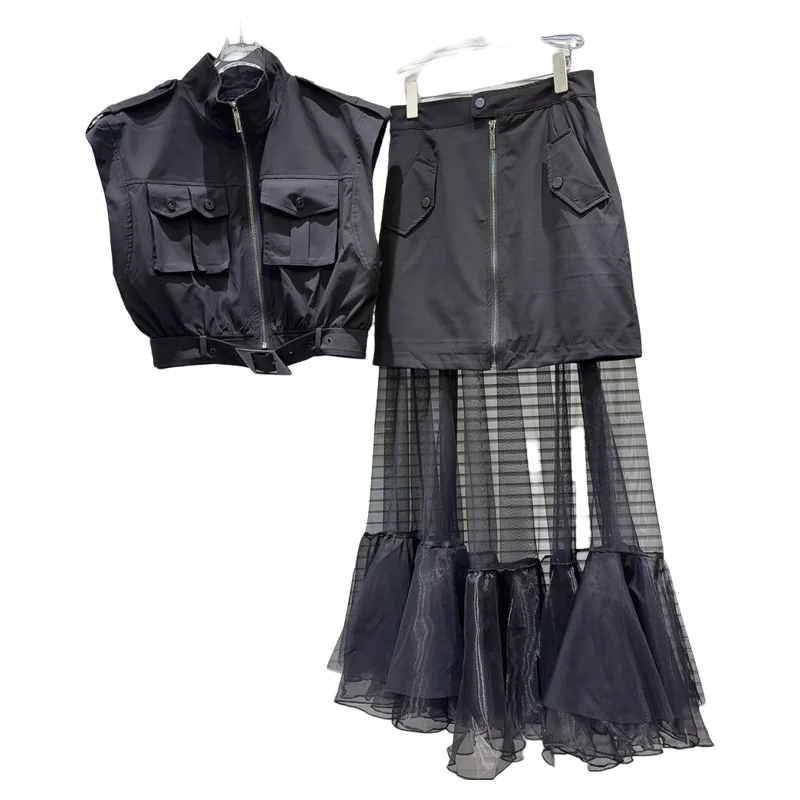 Sweet Cool Spicy Girl ket Vest Top Netting Splice  Skirt Set Faionable Zipper ort Sve Stand Collar Two Piece Suit