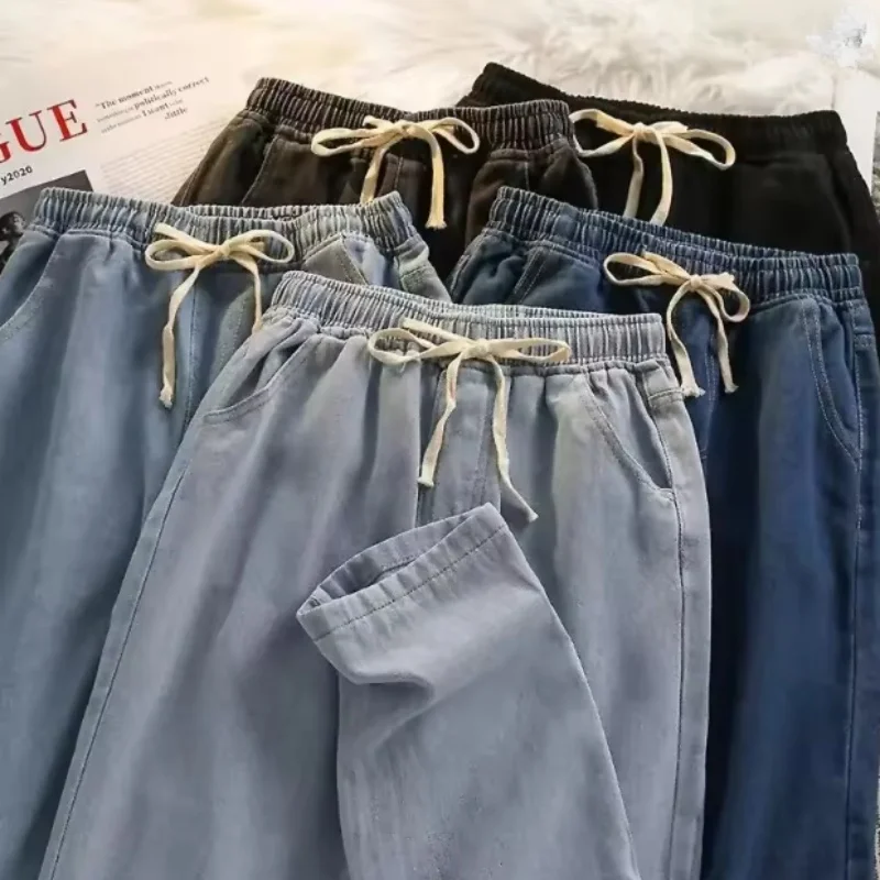 

Корейские однотонные мужские повседневные длинные джинсы, классические мужские прямые джинсовые широкие брюки Four Seasons, светло-голубые, серые, черные, S-3XL