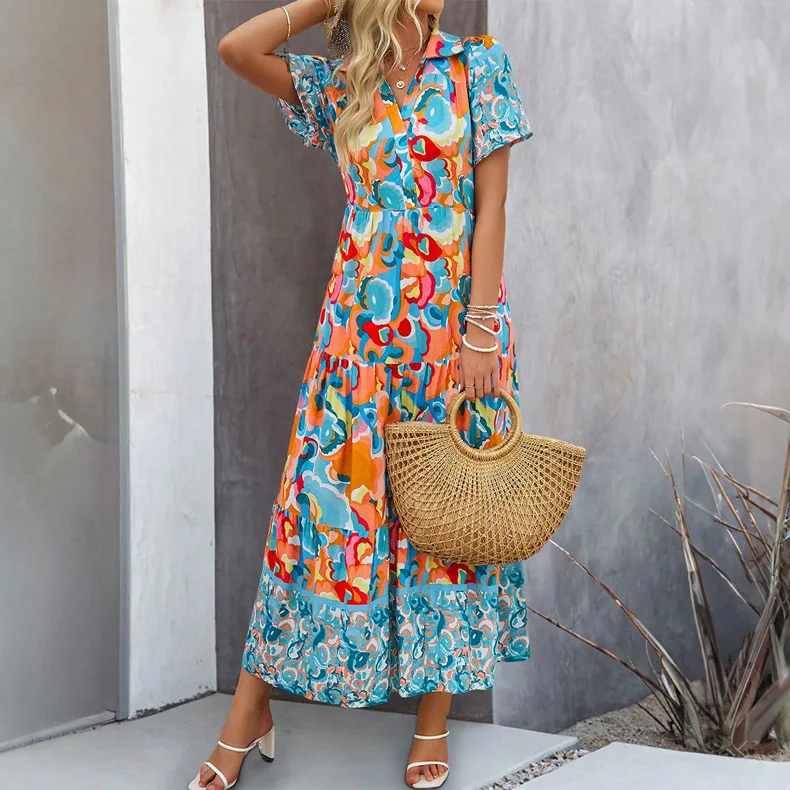 2025 Summer Women's Casual V-neck Dress Fashion Printed Collar Button Shirt Dress Short Sleeve Temperament Long Dress
