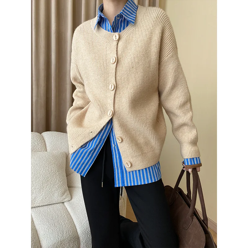 Suede Patchwork Vertical Striped Loose Blue Shirt Layered Autumn And Winter Blouse