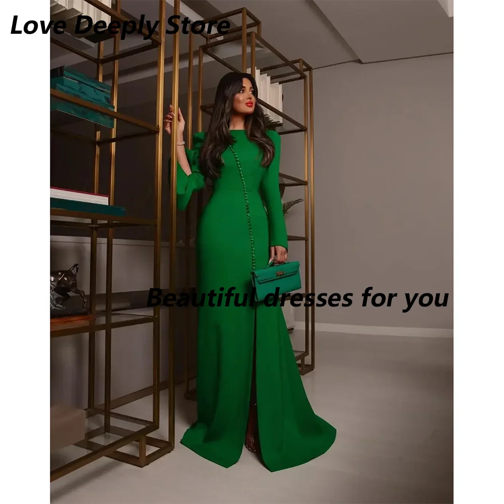 

Green Evening Dress Customized O-Neck Long Sleeves Prom Dress Jersey Button High Slit Floor-Length Party Gowns Saudi Arabia