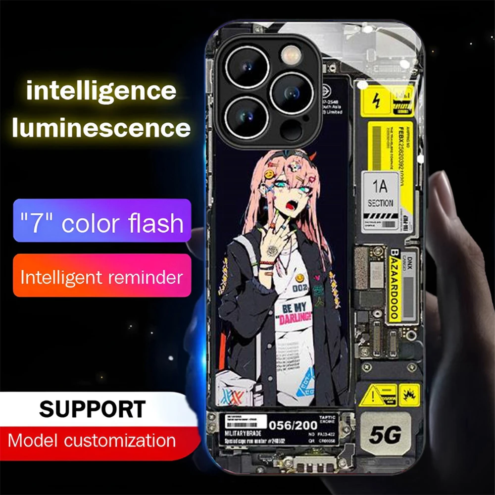 

New Anime Girls Smart LED Light Glow Tempered Glass Phone Case For iPhone 15 14 13 12 11 Pro Max X XR XS 6 7 8 Plus SE2020